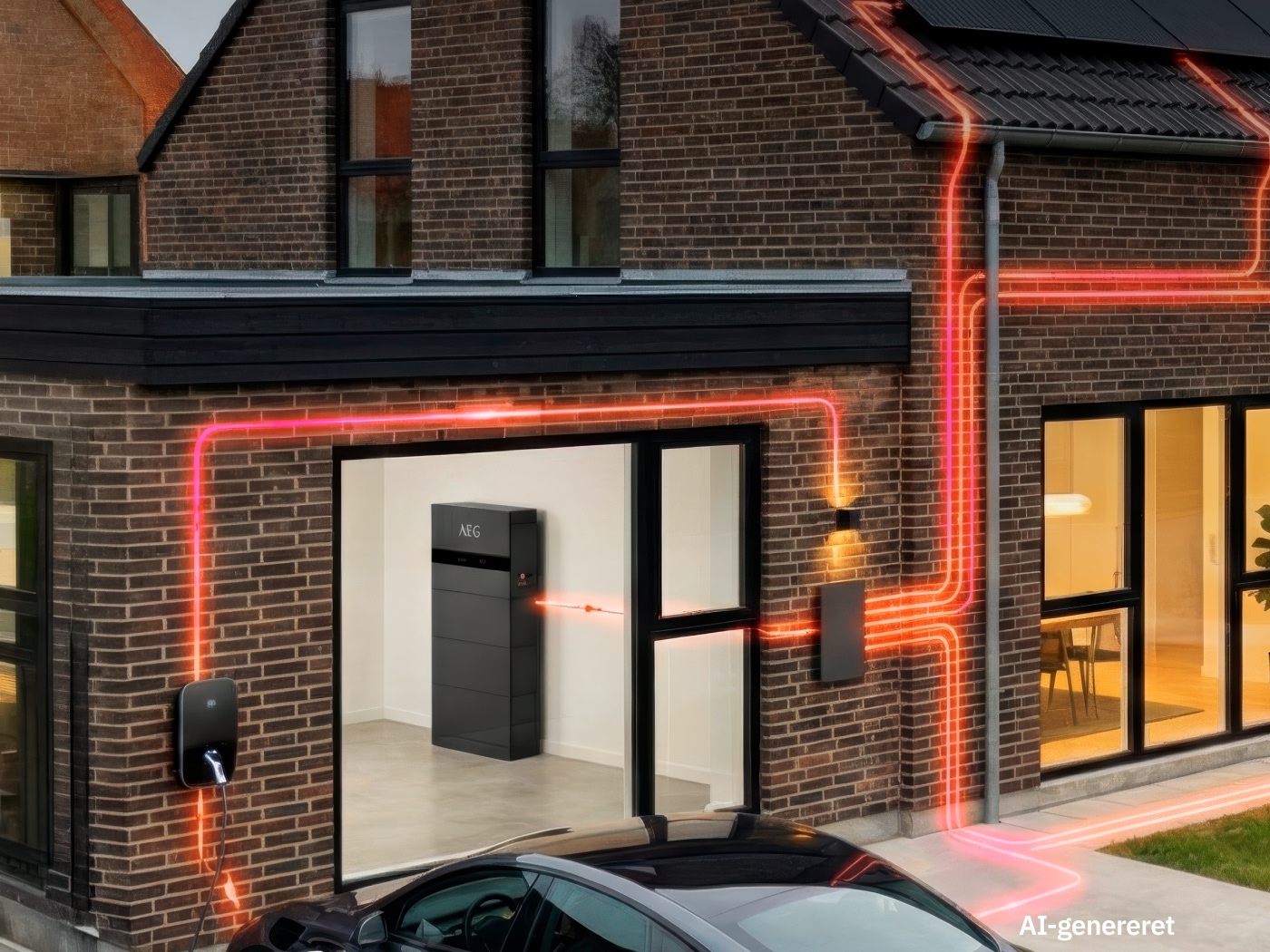 Visualisering af forbindelse mellem hjemmebatteri og strøm i husstand.
