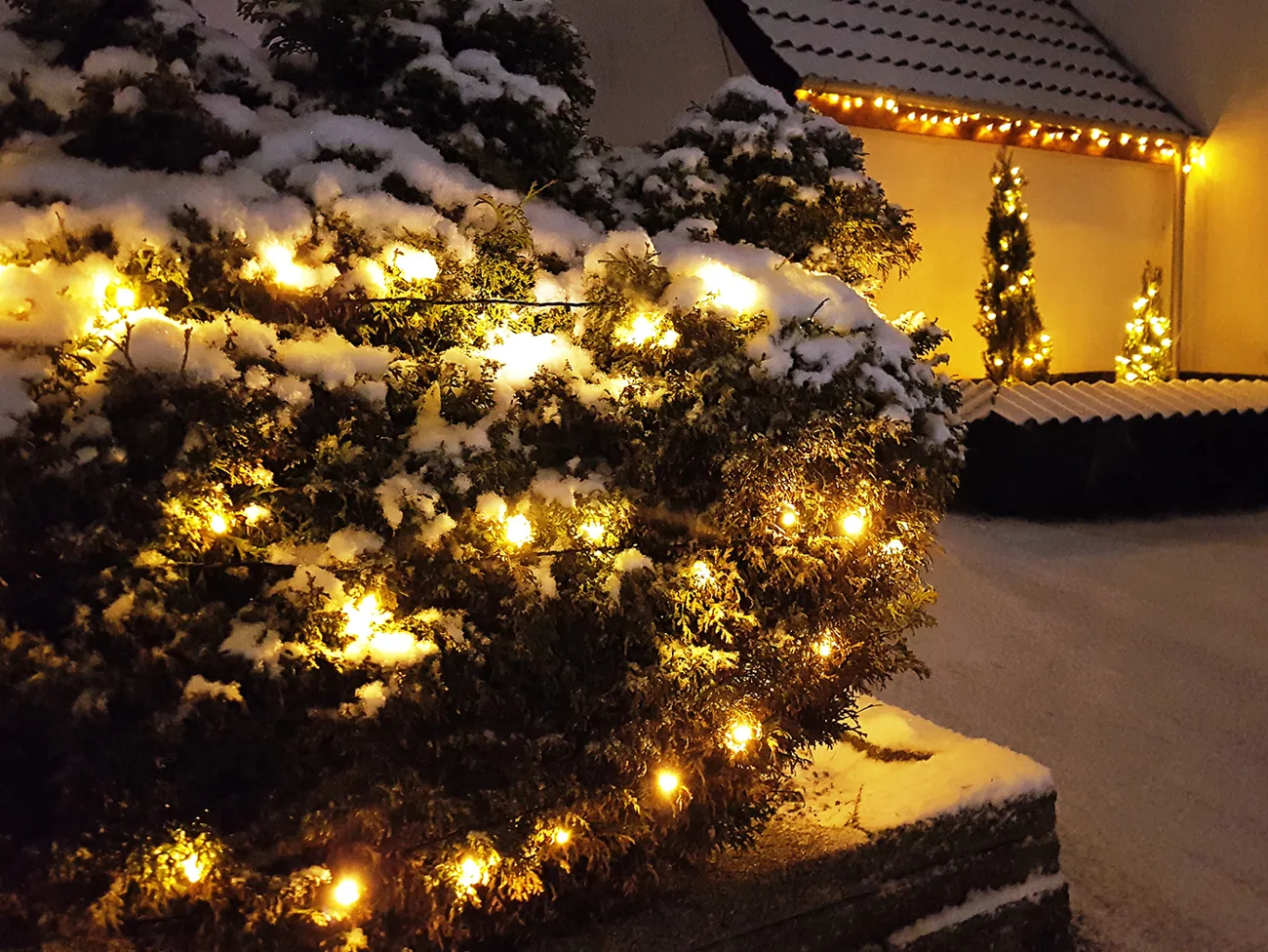 Led julelyskæder er tændt uden for hus hvor sneen er faldet