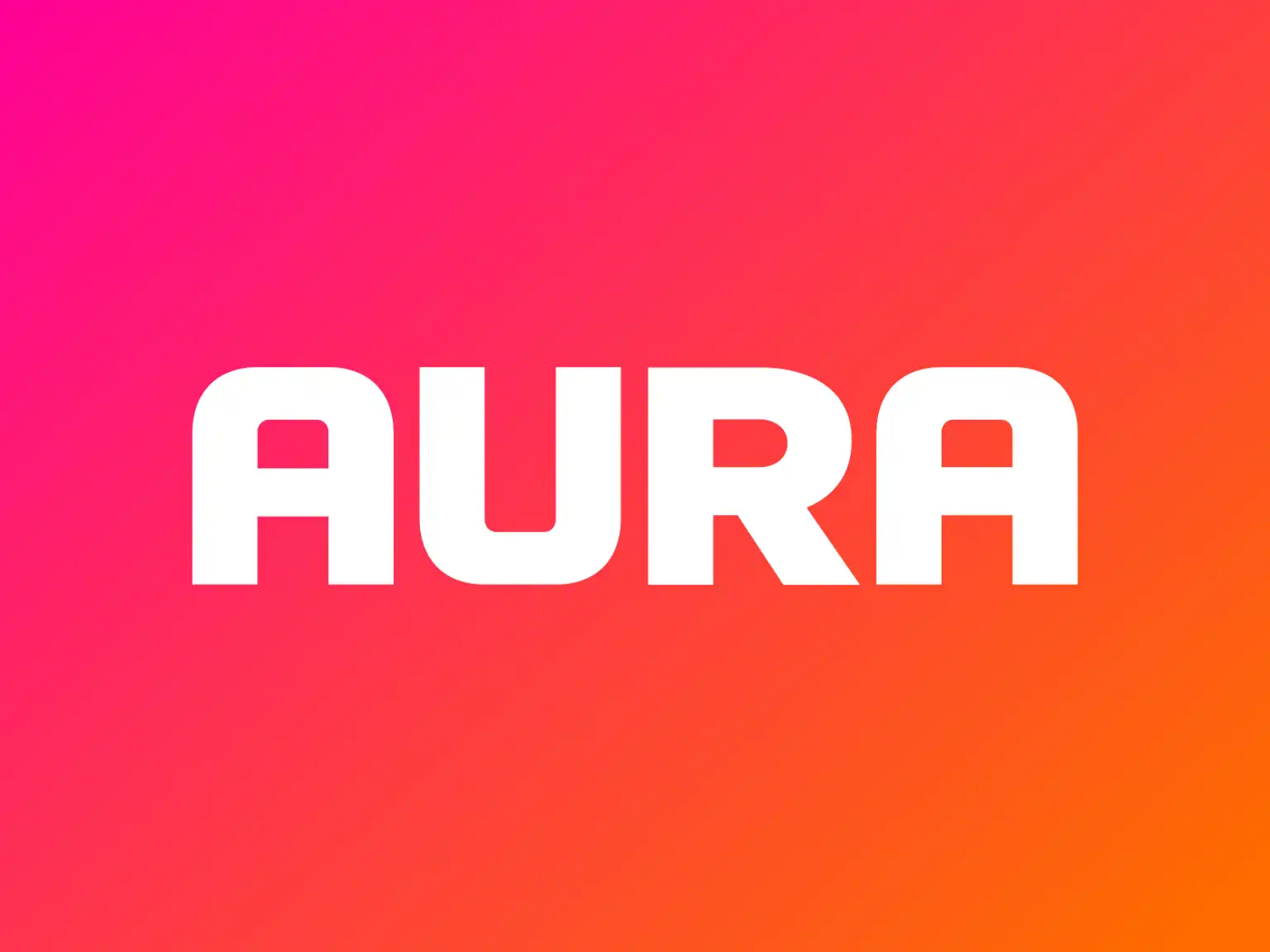 Hvidt AURA logo på baggrund med pink og orange forløb