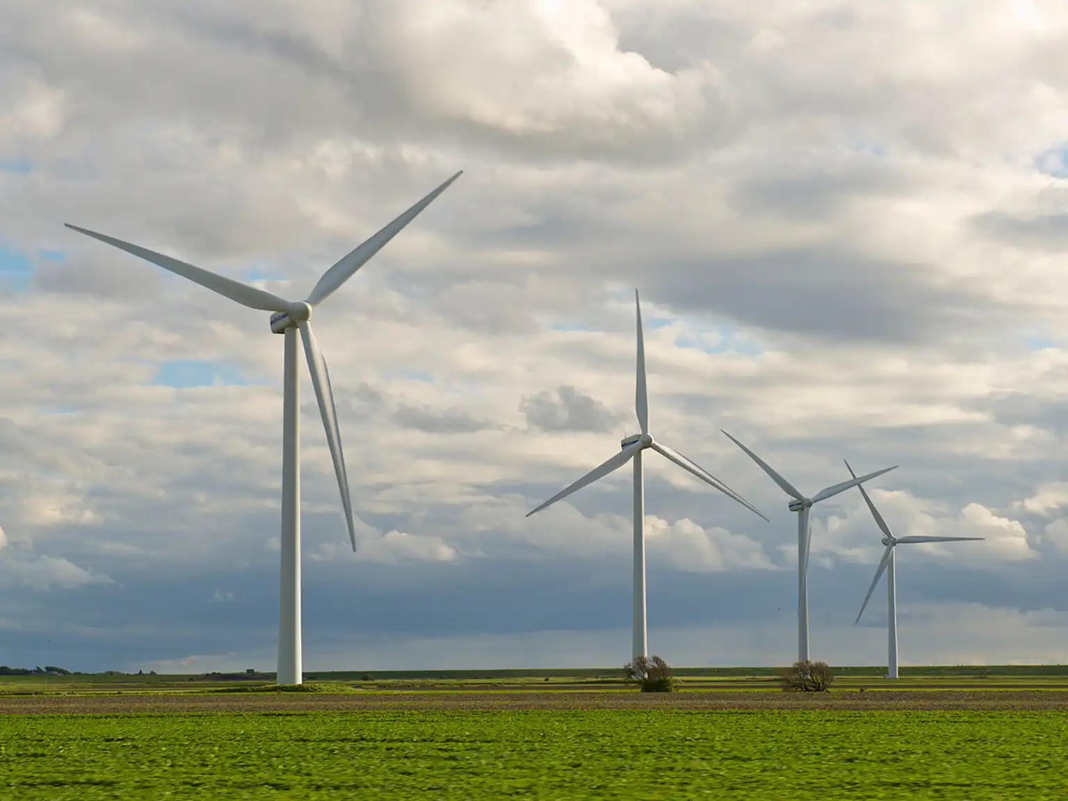 4 vindmøller på en grøn mark
