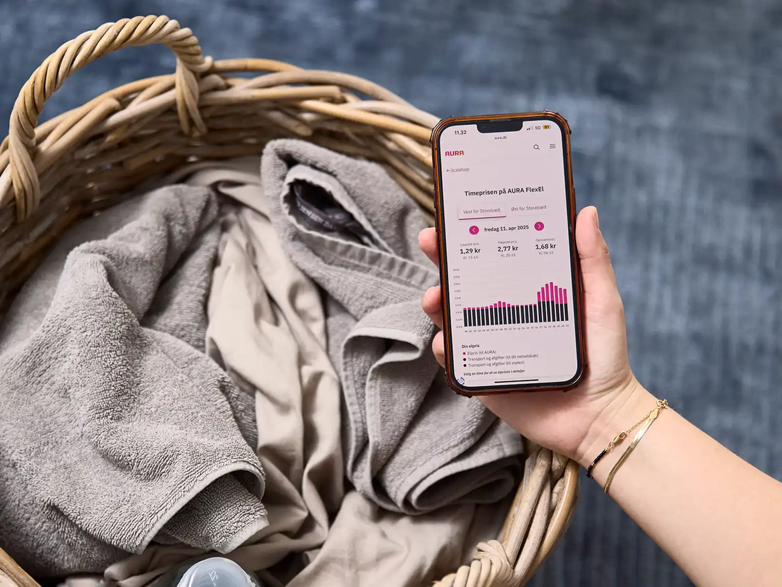 Mobil med overblik over elpriserne time for time holdes i en hånd ind over en vasketøjskurv fyldt med vasketøj