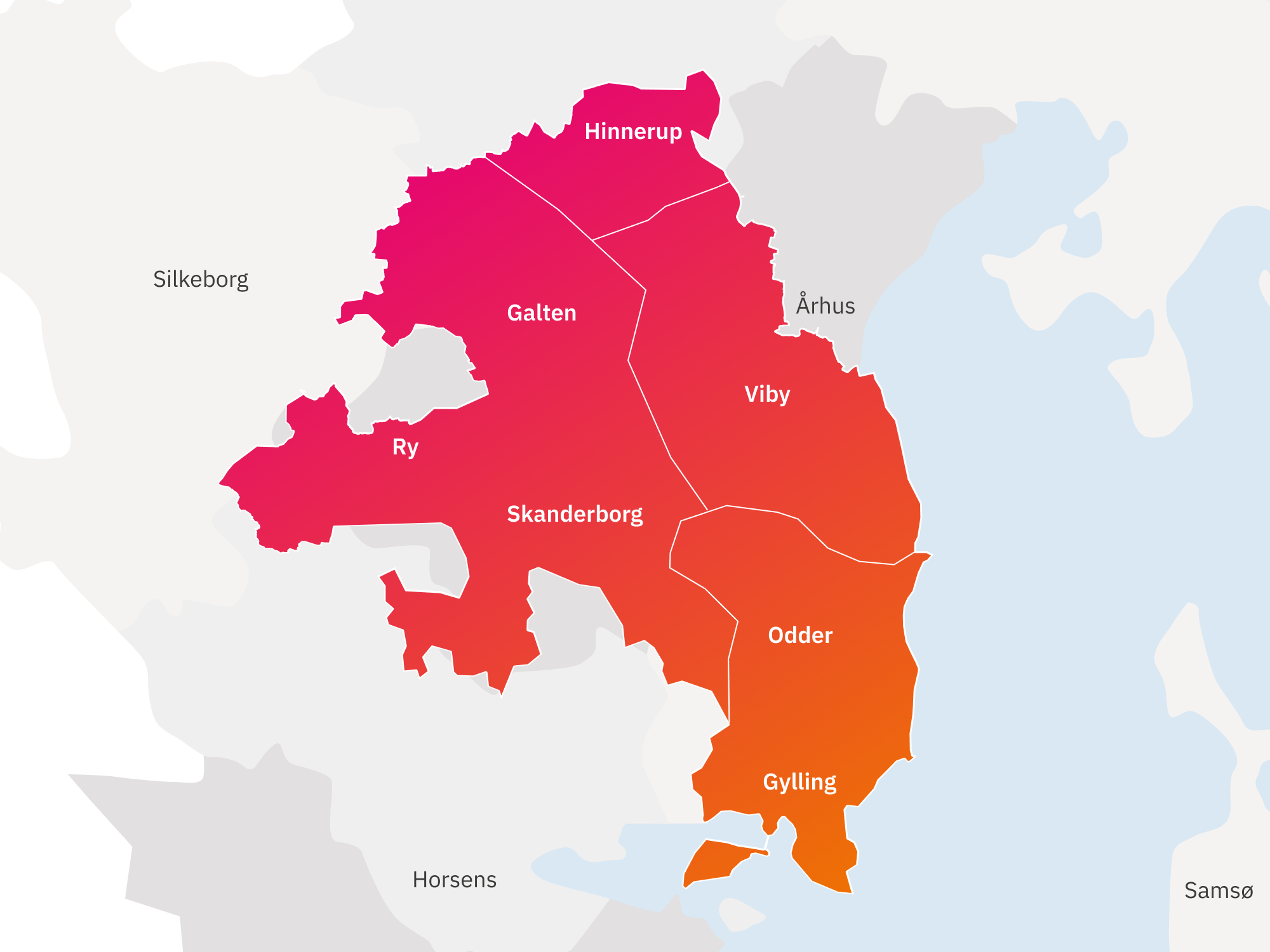 Kort over AURAs forsyningsområde opdelt i bygrænser