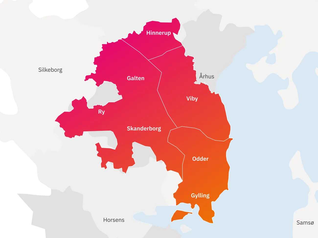 Kort over AURAs forsyningsområde opdelt i bygrænser