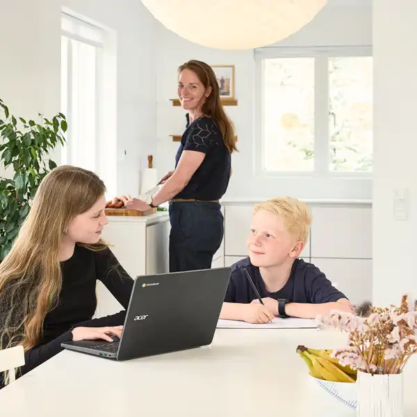 Pige og dreng sidder ved spisebordet og laver lektier mens deres mor står i køkkenet og laver mad